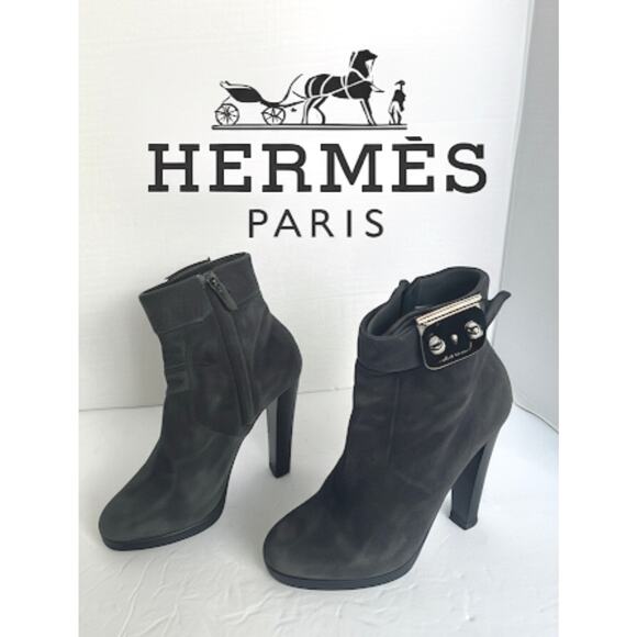 Authentic HERMES Suede Gray Black Silver Metal Embellishment Ankle Zip Boot 7.5 - Picture 1 of 12